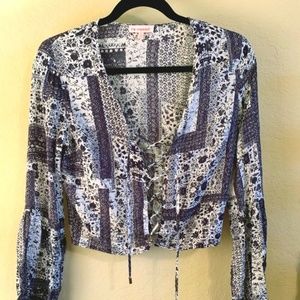 Blue and White Lace-up Cropped Bell Sleeved Blouse